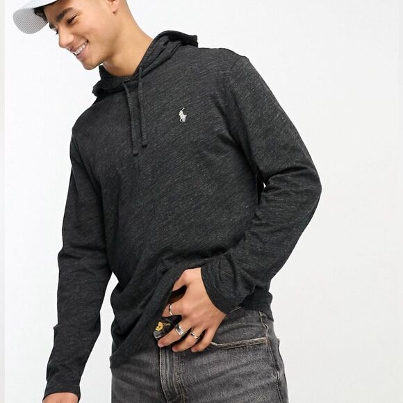 Polo Ralph Lauren Icon Logo Hooded Long Sleeve Top Hoodie In Black Heather Small - Picture 1 of 11